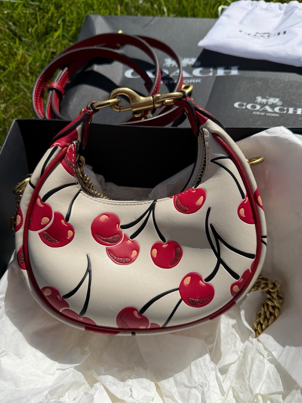 Coach White Cherry Mini Shoulder Bag with Red Trim